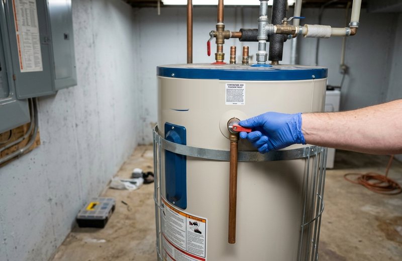 Gloved hand on the relief valve of a tank water heater